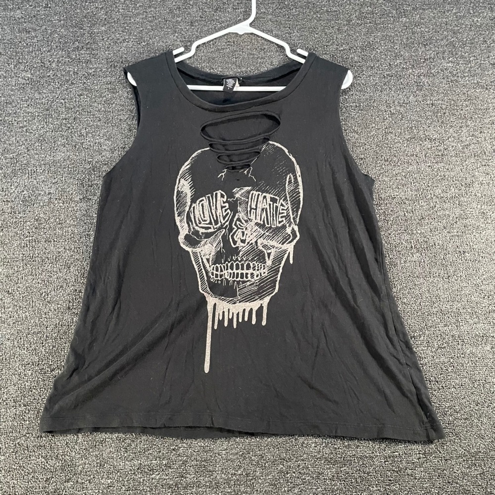 Torrid Tank Top Womens 1 Black Good Skull Love Hate Ladder Cut Distressed Edgy